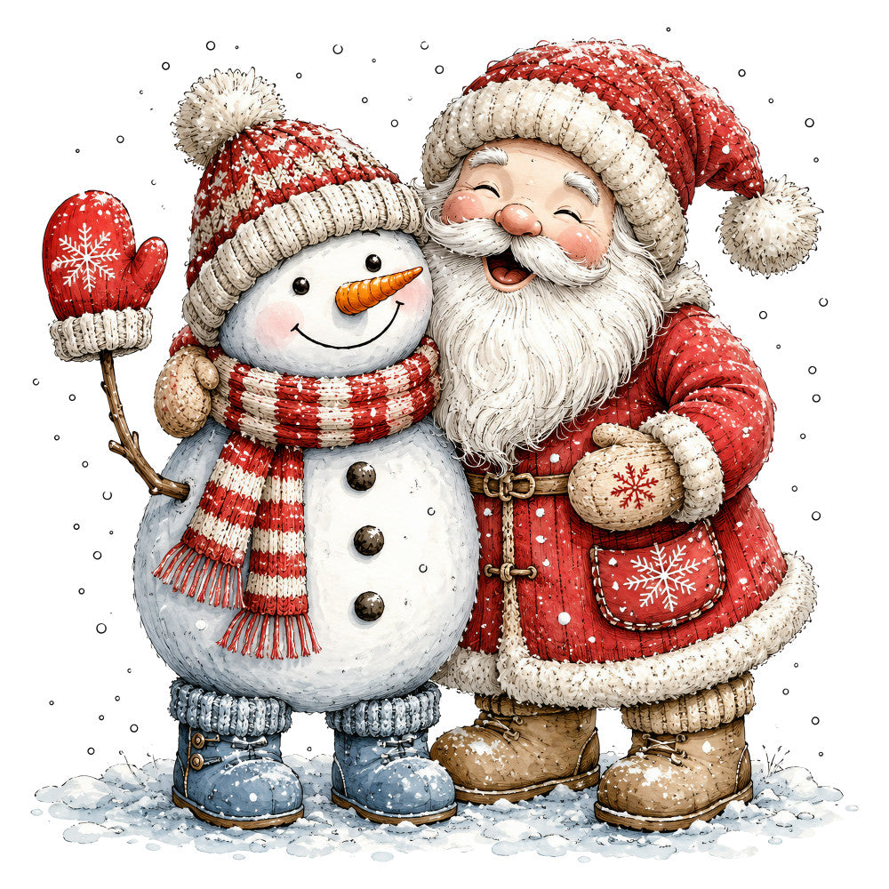 christmas, holiday, santa, snowman, red and white, cream, winter, snow, festive, whimsical, traditional, vintage, nostalgic, cute, charming, seasonal, striped, knit pattern, boots, mittens, hat, cheerful, jolly, children's, decorative, panel fabric, christmas characters, snow scene
