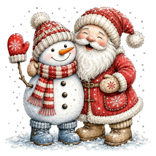 christmas, holiday, santa, snowman, red and white, cream, winter, snow, festive, whimsical, traditional, vintage, nostalgic, cute, charming, seasonal, striped, knit pattern, boots, mittens, hat, cheerful, jolly, children's, decorative, panel fabric, christmas characters, snow scene