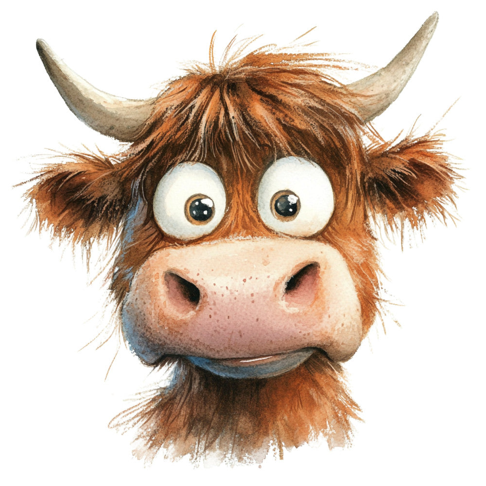highland cattle, highland cow, scottish cattle, brown, rust brown, cream, tan, beige, peach, animals, farm animals, livestock, cattle, whimsical, cartoon, playful, cute, humorous, funny face, expressive eyes, rustic, farmhouse, country, folk art, novelty, children's, kids, baby, quirky, illustration style