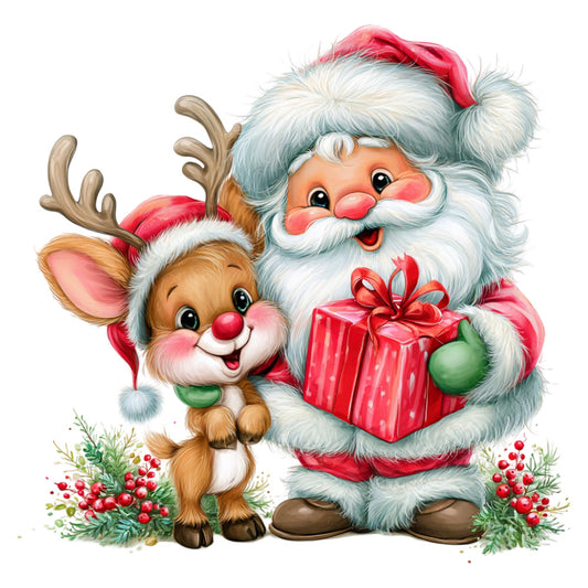 santa claus, reindeer, christmas, holiday, festive, red, white, green, coral pink, forest green, cream, whimsical, vintage, traditional, cute, cheerful, jolly, gift box, holly berries, winter, seasonal, children, playful, retro, nostalgic, decorative, illustrated, character panel