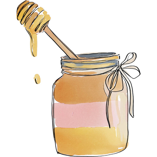 honey jar, dishtowel, kitchen, farmhouse, rustic, vintage, cottage core, honey drizzle, wooden spoon, mason jar, cream, golden yellow, soft pink, tan, beige, illustrated, whimsical, sweet, honey themed, food illustration, kitchen decor, home sweet home, country, folk art style, culinary, food art, warm tones, layered design, decorative, nostalgic