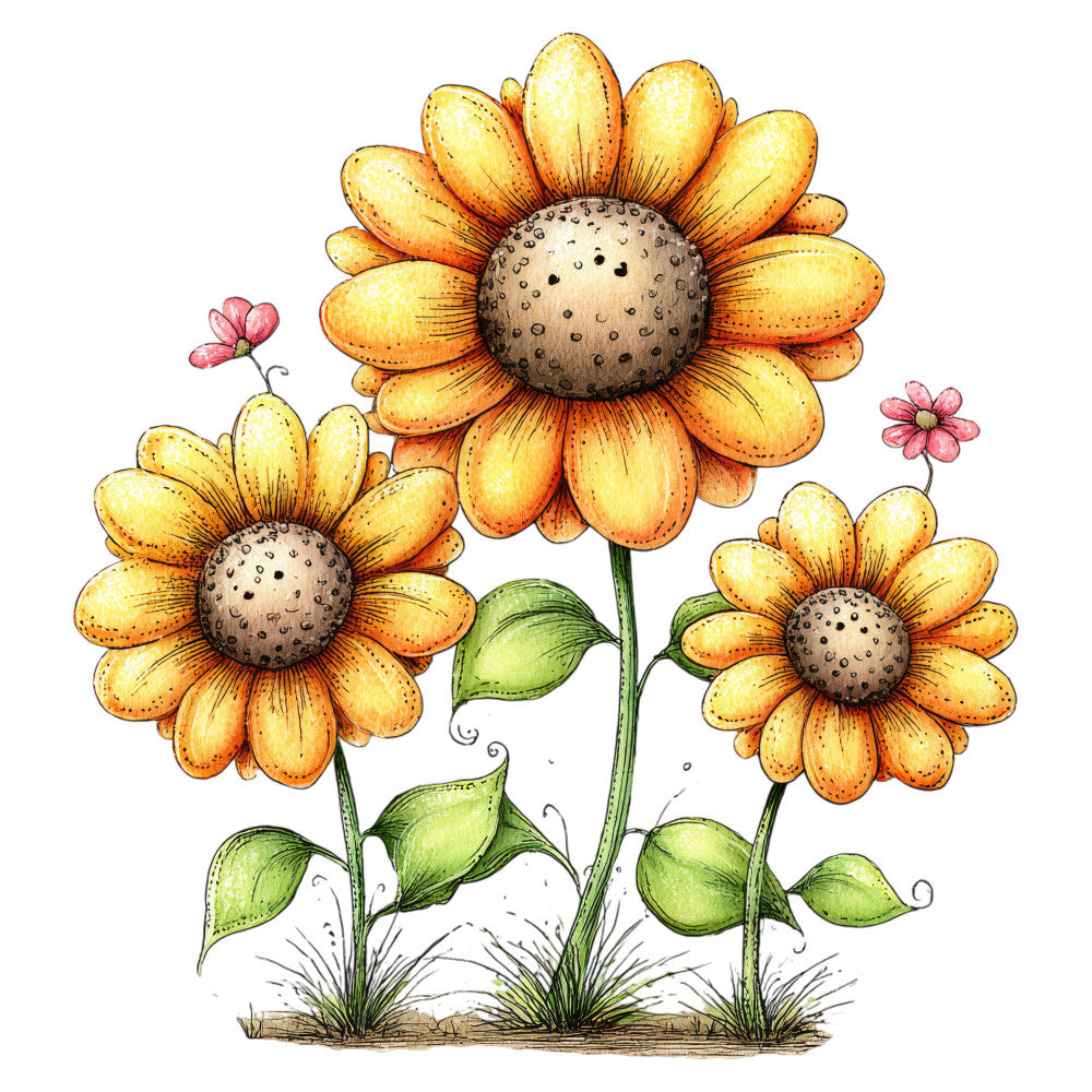 sunflower, yellow, golden yellow, orange, burnt orange, sage green, cream, beige, floral, botanical, nature, garden, summer, spring, whimsical, vintage, farmhouse, sunflowers with petals, flower centers, detailed illustration, hand-drawn style, rustic, cheerful, cottage core, nature-inspired, wildflowers, blooming flowers, decorative panel, wall hanging, cheerful design