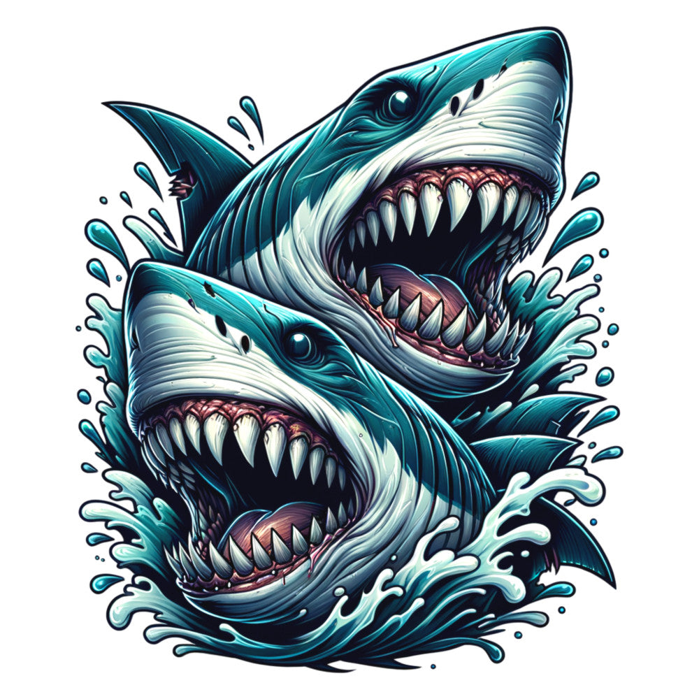teal, turquoise, white, navy blue, burgundy, angry sharks, open mouths, sharp teeth, water splash, ocean waves, marine life, predator fish, fierce expression, tattoo style, illustration art, fabric panel, quilting cotton, sea creatures, aquatic theme, dramatic artwork