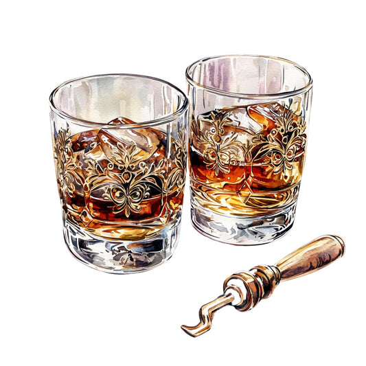 bourbon glasses, whiskey, amber liquid, brown tones, golden hues, ornate patterns, decorative glassware, cocktail illustration, alcohol themed, fabric panel, quilting cotton, rich colors, elegant design, bar accessories, spirits motif, copper accents, realistic artwork, beverage scene, masculine theme, vintage style