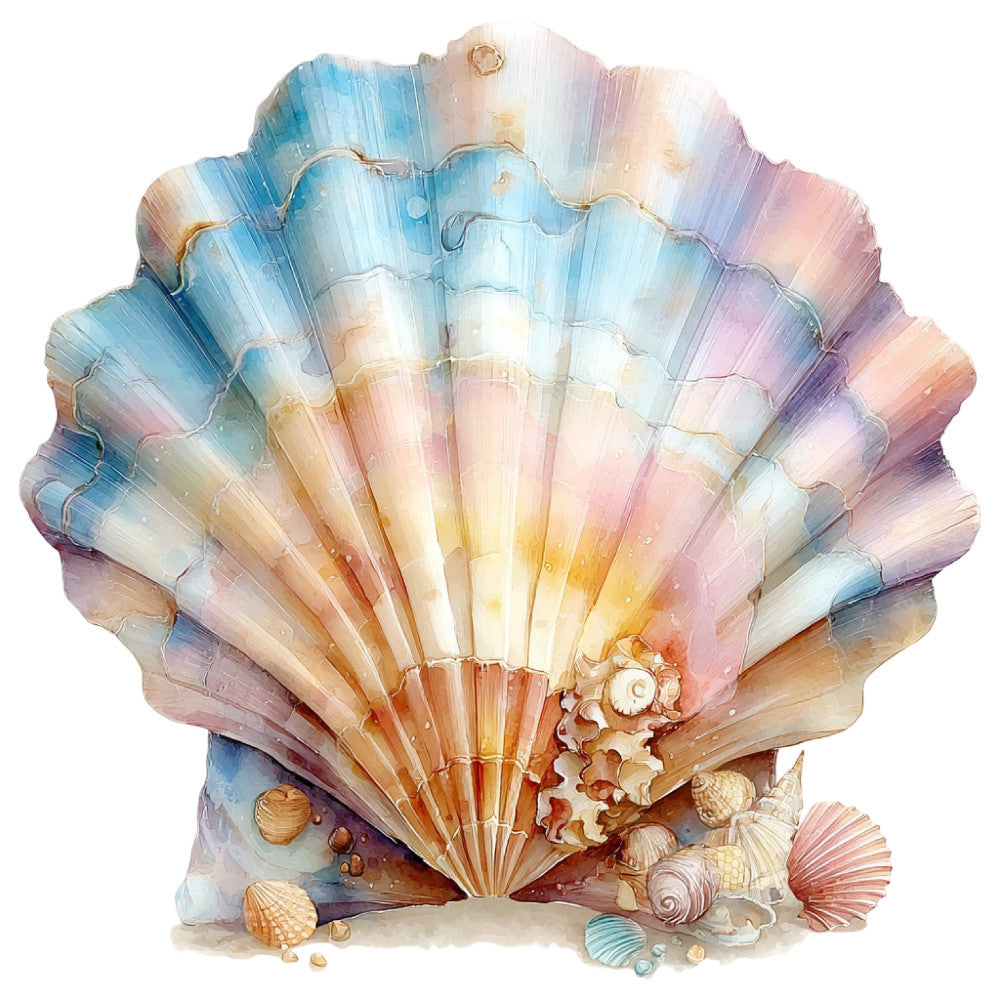seashell, ocean, nautical, coastal, beach, watercolor, pastel blue, pastel pink, pale yellow, soft gold, lavender, dusty purple, iridescent, ombre, gradient, shells, seascape, summer, tropical, whimsical, elegant, romantic, dreamy, nature-inspired, sea life, decorative panel, wall hanging, coastal decor, seaside, pearlescent