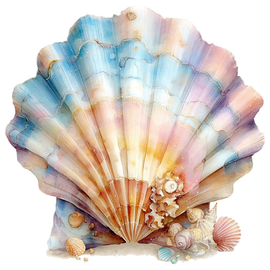 seashell, ocean, nautical, coastal, beach, watercolor, pastel blue, pastel pink, pale yellow, soft gold, lavender, dusty purple, iridescent, ombre, gradient, shells, seascape, summer, tropical, whimsical, elegant, romantic, dreamy, nature-inspired, sea life, decorative panel, wall hanging, coastal decor, seaside, pearlescent