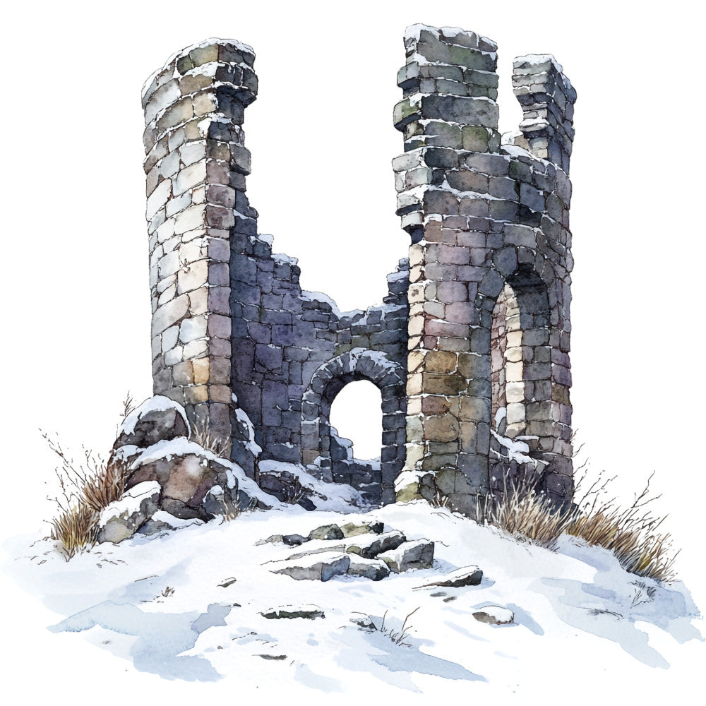 winter landscape, castle ruins, stone architecture, snow covered, watercolor style, grey stones, brown tones, blue shadows, white snow, medieval structure, scottish castle, ancient walls, crumbling towers, arched doorway, fabric panel, quilting cotton, historical scene, winter scene, muted colors, artistic illustration