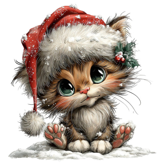 christmas cat, holiday kitten, festive feline, red santa hat, winter white, cream colored, tan brown, forest green, coral pink, holly berries, snow theme, whimsical animals, cute cat face, large eyes, christmas animals, seasonal holiday, winter creatures, vintage style, charming illustration, woodland creature, festive decoration, christmas theme, snow covered, holiday motif, decorative panel, character design, playful expression, winter wonderland, santa kitten, christmas critter