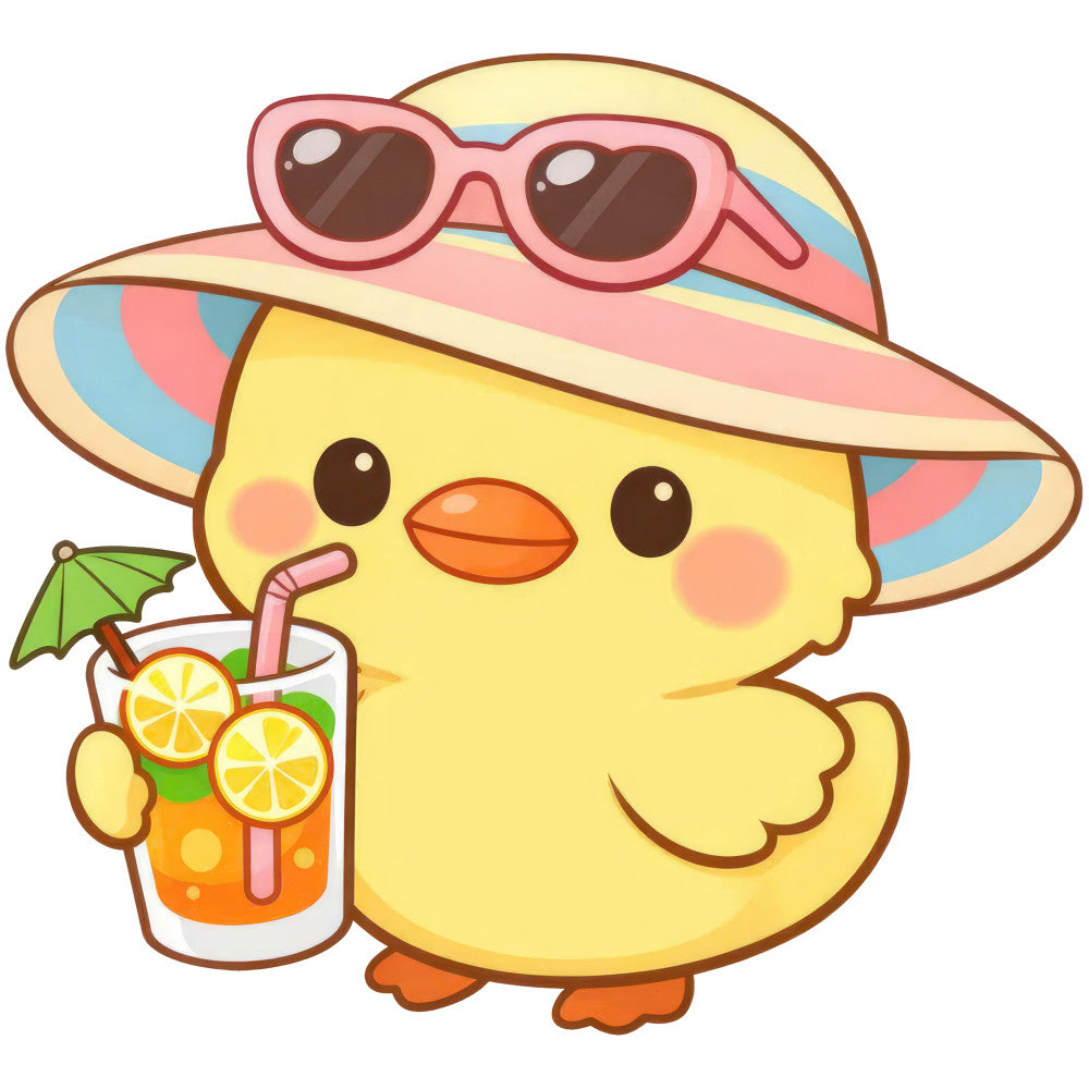 yellow chick, pastel colors, summer theme, beach theme, tropical, cute animals, kawaii style, whimsical, playful, cheerful, bright yellow, coral orange, soft pink, sky blue, straw hat, sunglasses, lemonade, citrus, fruit motif, umbrella drink, children's fabric, baby fabric, novelty print, fun theme, vacation theme, resort wear, happy, cheerful animals, bird character