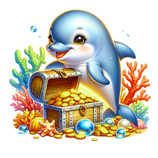 watercolor dolphin, cute baby dolphin, treasure chest, gold coins, coral reef, underwater scene, sea creatures, starfish, colorful coral, blue dolphin, aqua blue, orange coral, green seaweed, pearl treasures, ocean bubbles, marine life, fabric panel, quilting cotton, whimsical art, children's fabric
