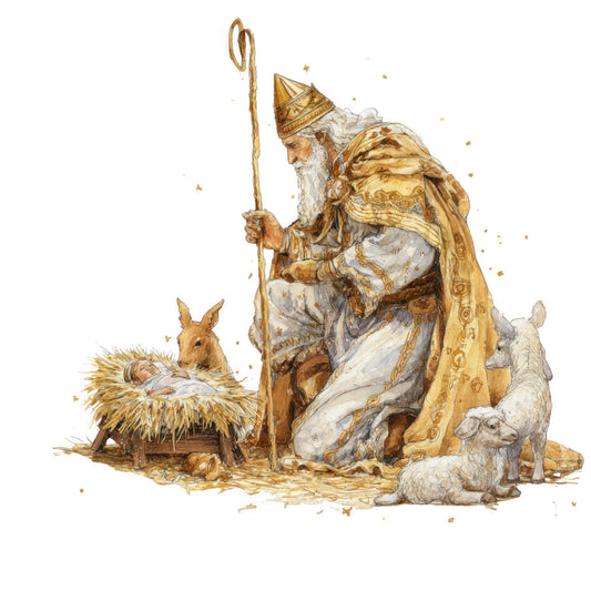 gold, white, brown, beige, nativity scene, baby jesus, shepherd, bishop, manger, donkey, sheep, lamb, staff, religious, christmas, watercolor style, fabric panel, quilting cotton, holy family, pastoral animals