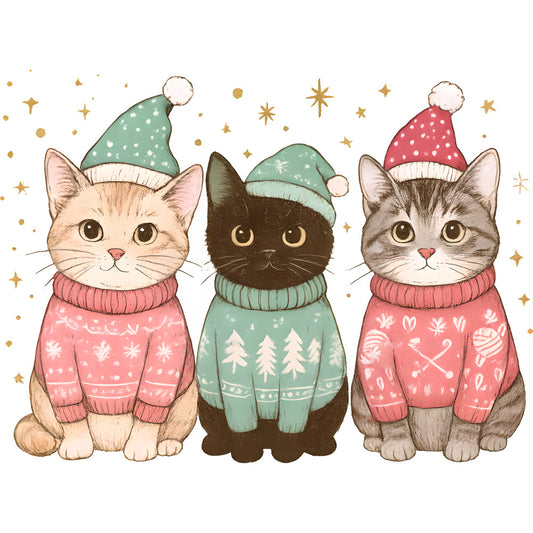 pink, coral, mint green, teal, christmas cats, holiday kittens, winter sweaters, santa hats, pom poms, snowflakes, christmas trees, knit patterns, cute animals, festive clothing, golden stars, fabric panel, quilting cotton, holiday theme, winter scene, adorable illustration