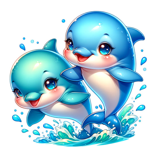 watercolor, cute dolphins, baby dolphins, blue tones, turquoise, aqua, ocean splash, kawaii style, anime eyes, playful animals, fabric panel, quilting cotton, marine life, sea creatures, cartoon dolphins, soft pastels, water droplets, swimming dolphins, children's fabric, nursery theme