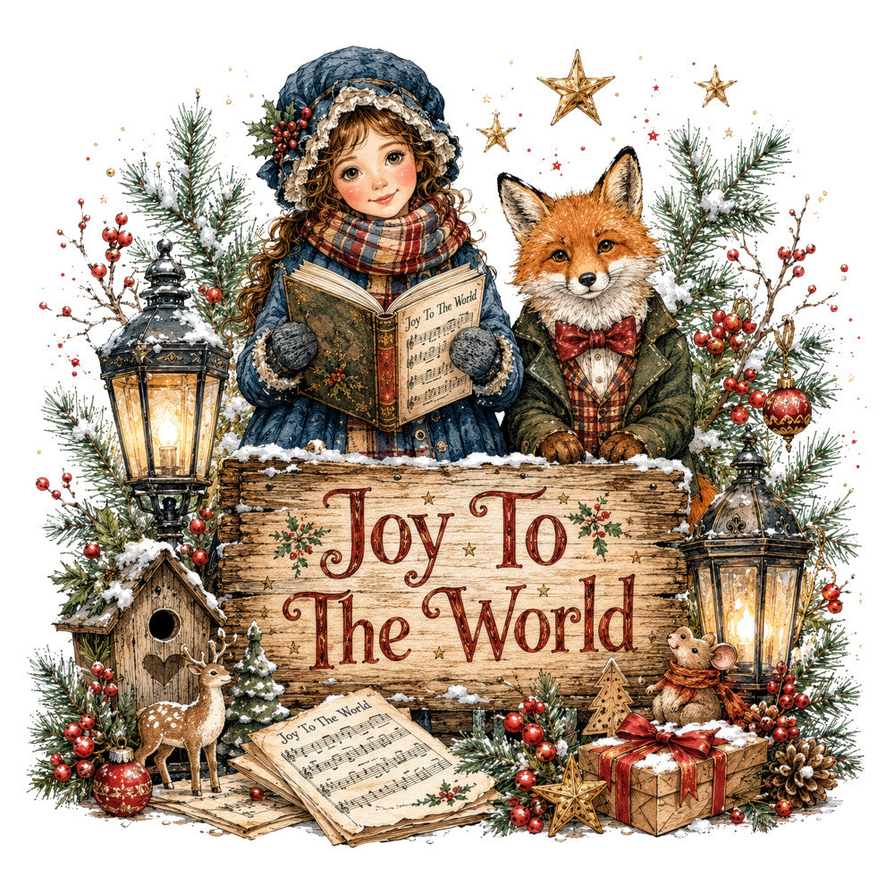 joy to the world, christmas, holiday, winter, snow, girl, fox, animals, vintage, whimsical, rustic, traditional, nostalgic, storybook, children's, gold stars, lanterns, evergreen, red berries, plaid, tartan, woodland, festive, elegant, charming, gift giving, songbook, sheet music, cabin style, cozy
