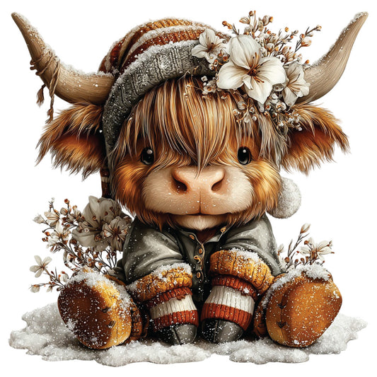christmas highland cow, winter scene, snow covered, brown fur, horns, floral crown, white flowers, knit hat, mittens, striped socks, orange accents, grey jacket, watercolor style, whimsical illustration, fabric panel, quilting cotton, holiday themed, cute animal, sitting pose, festive attire