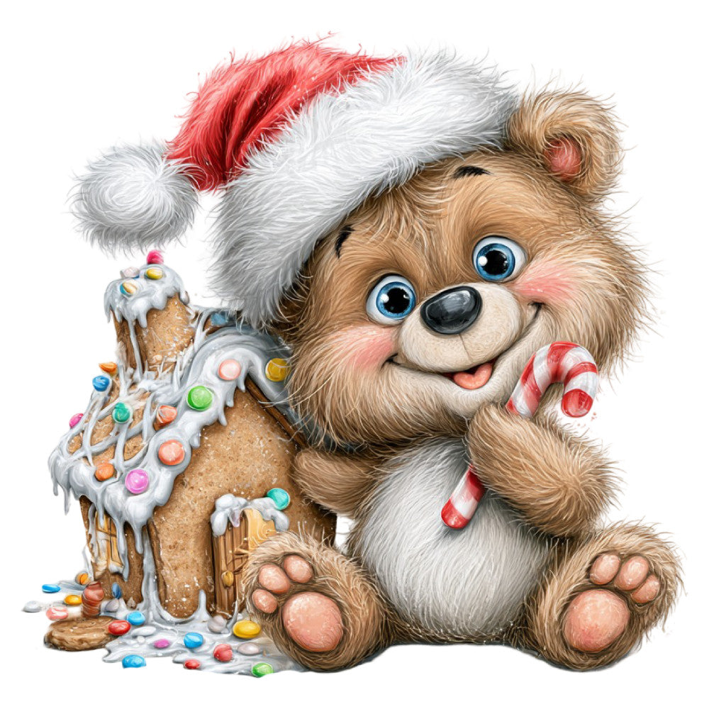christmas, holiday, teddy bear, cute animals, gingerbread house, candy canes, whimsical, festive, winter, red and white, cream, tan, brown, beige, children's, playful, charming, decorative panel, wall hanging, baby quilt, seasonal, joyful, sweet treats, santa hat, colorful candies, light-hearted, illustrated, cartoon style, nursery