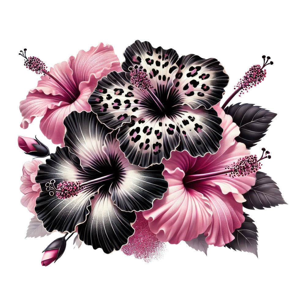 pink hibiscus, black hibiscus, magenta flowers, tropical flowers, floral pattern, nature theme, botanical, leopard print spots, animal print, spotted flowers, elegant style, modern floral, dramatic contrast, pink and black, cream white, magenta pink, deep black, high contrast design, exotic flowers, garden flowers, vibrant colors, detailed petals, stamens, decorative flowers, whimsical style, summer theme, spring flowers, wall hanging, home decor