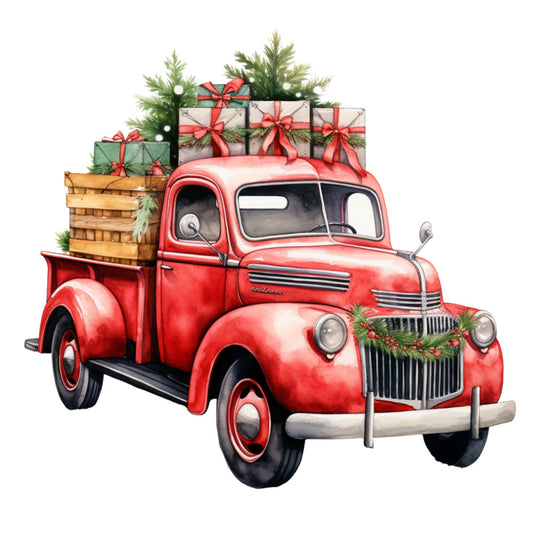 red truck, vintage truck, christmas presents, gift boxes, evergreen branches, pine garland, red ribbons, wooden crate, fabric panel, watercolor style, holiday theme, christmas decor, retro automobile, festive design, winter scene, quilting cotton, craft panel, seasonal motif, nostalgic illustration