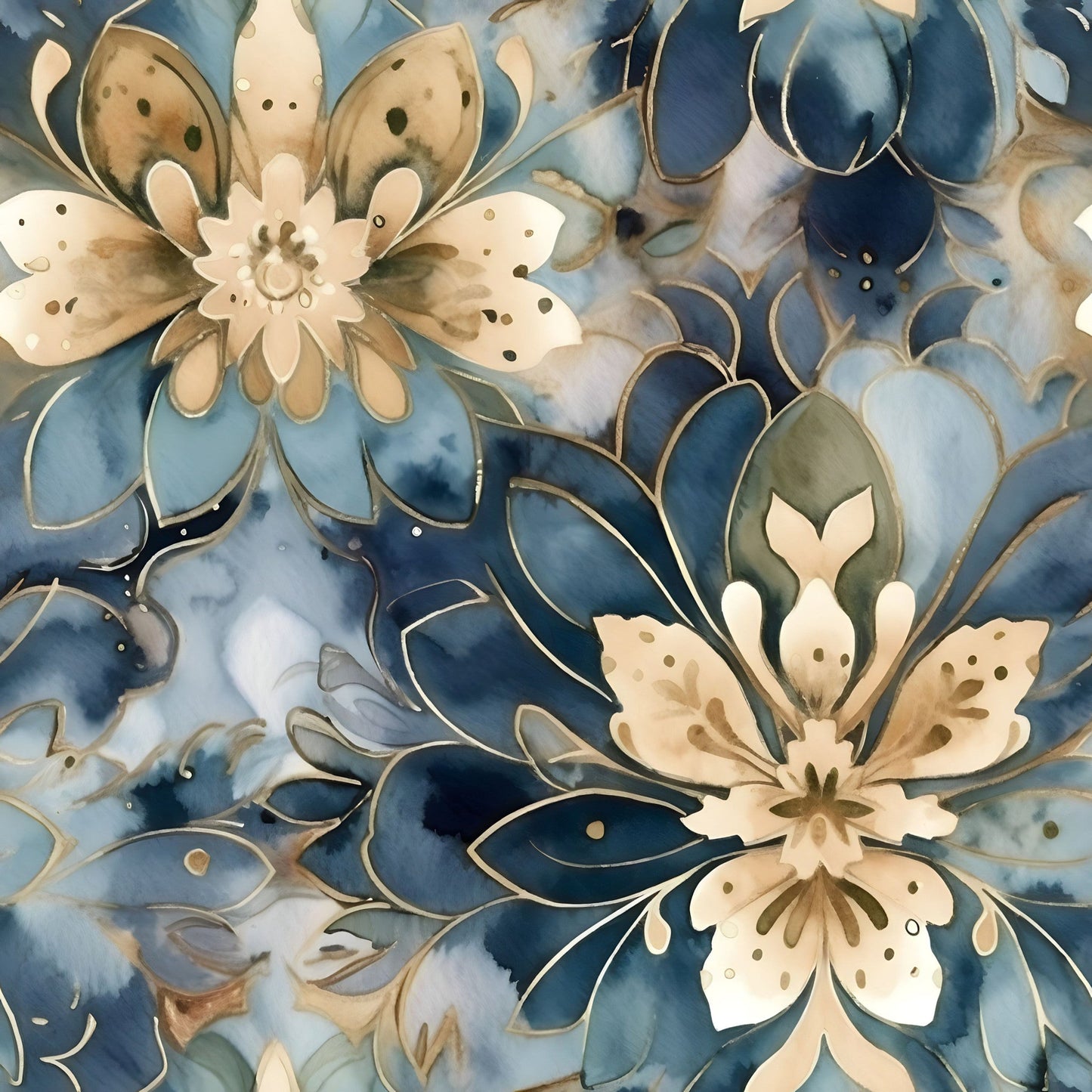 Blue and Gold Floral Pattern 4 Quilting Cotton Fabric