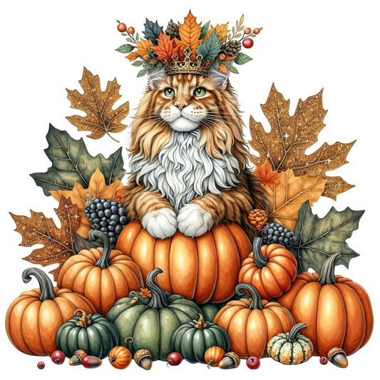 autumn cat, fall harvest, pumpkin patch, majestic cat, orange pumpkins, forest green, cream white, brown leaves, maple leaves, seasonal decor, thanksgiving, autumn animals, crowned cat, whimsical fall, rustic harvest, nature theme, woodland creatures, october vibes, harvest time, beige leaves, burgundy berries, acorns, gourds, autumn foliage, farmhouse style, traditional fall, decorative panels, wall hanging, festive autumn