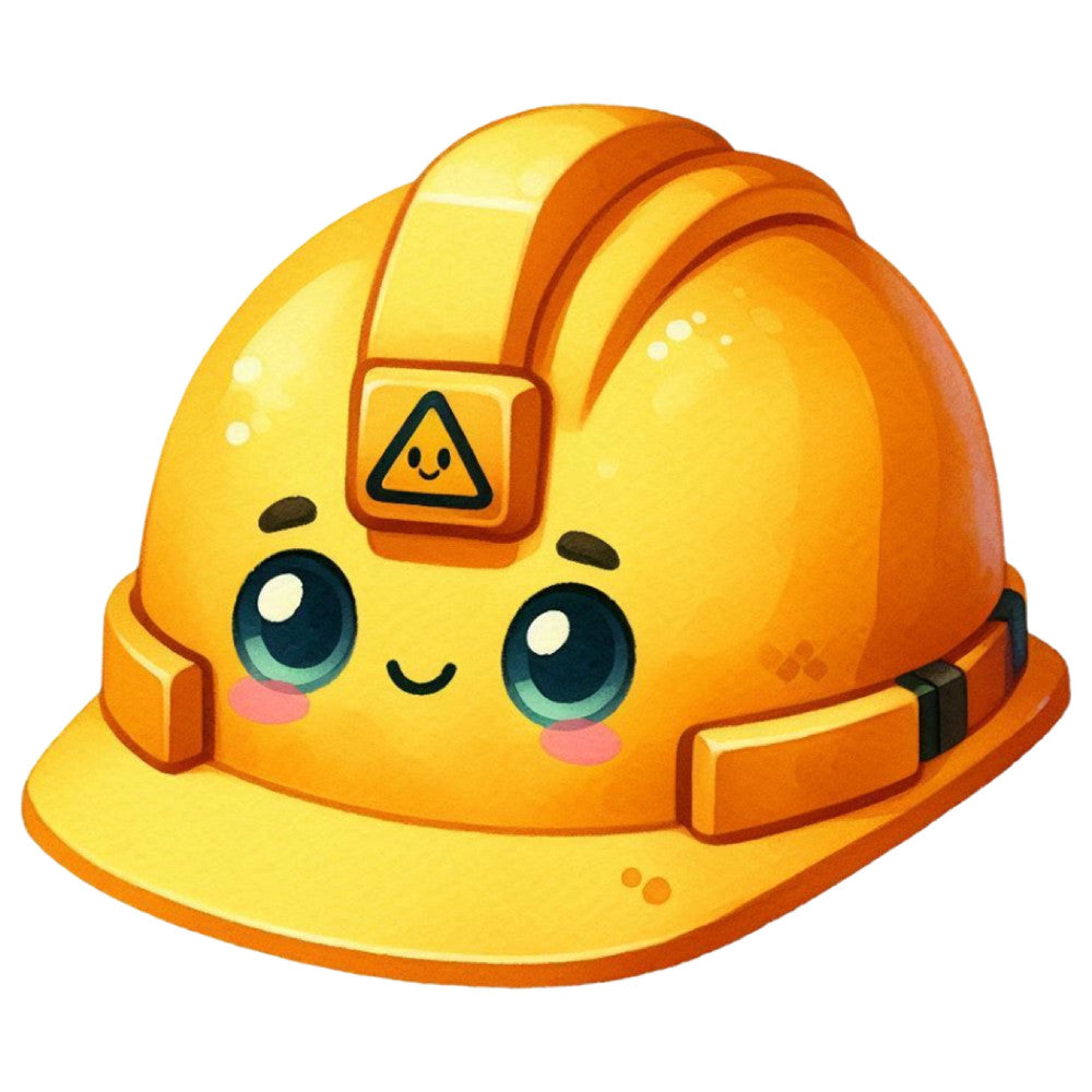 golden yellow, bright yellow, orange, cute characters, kawaii, safety helmet, hardhat, construction theme, industrial, worker, smiling face, big eyes, playful, whimsical, cartoon style, child-friendly, yellow and orange, construction worker, tool theme, safety gear, protective equipment, playful expression, charming, cheerful, children's fabric, nursery decor, baby quilt, wall hanging, appliqué ready, novelty print