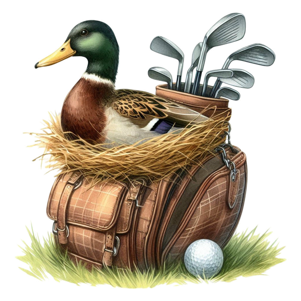 golf, duck, mallard, sports, leather bag, golf clubs, vintage, rustic, whimsical, humorous, animal, nature, brown, tan, forest green, dark green, cream, gold, white, outdoorsy, golf bag, golf ball, grass, straw nest, traditional, quirky, men's, father's day, hobbies, leisure