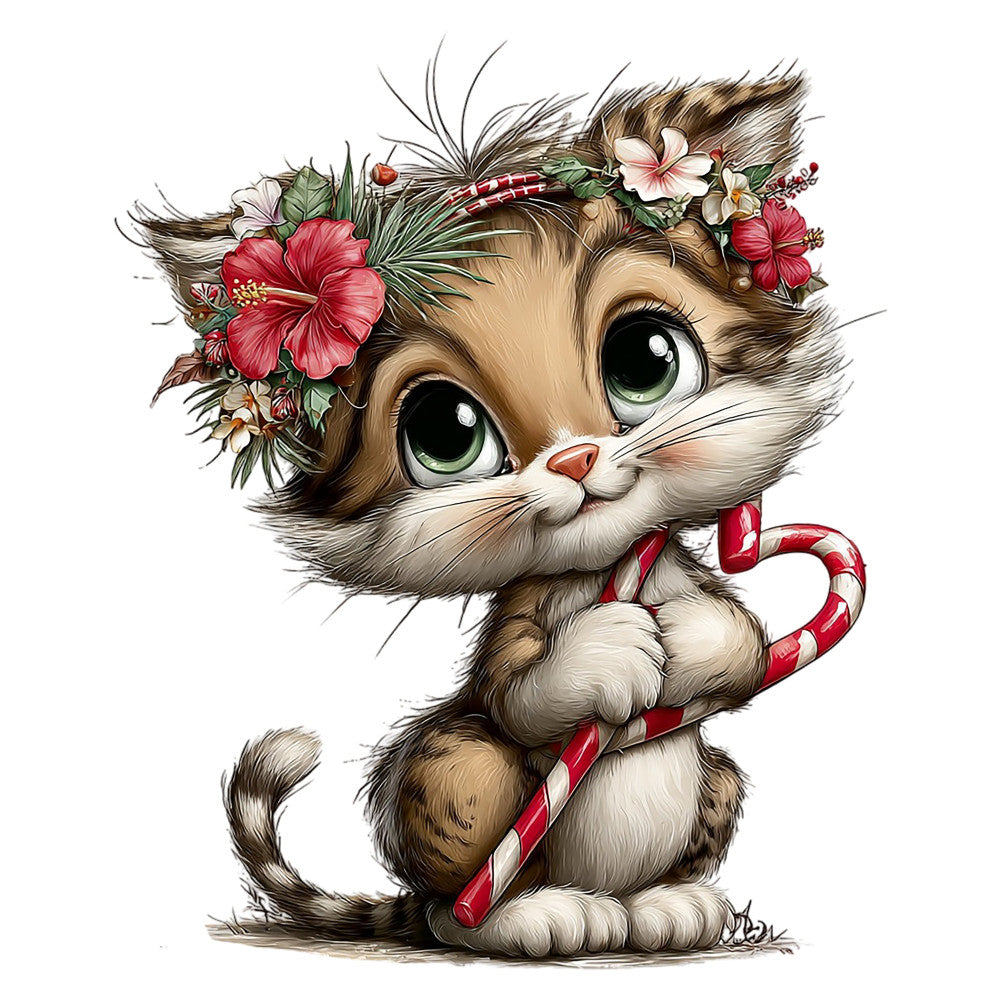 cute kitten, cat face, floral crown, hibiscus flowers, pink flowers, white flowers, red and white candy cane, holiday, christmas, whimsical, adorable animals, large print, panel, portrait style, green eyes, festive, seasonal, winter, charming, decorative, fabric panel, children's, playful, sweet, decorative arts, holiday themed, red stripes, botanical elements, flower crown, striped candy cane