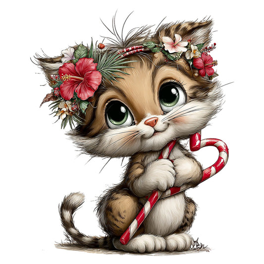 cute kitten, cat face, floral crown, hibiscus flowers, pink flowers, white flowers, red and white candy cane, holiday, christmas, whimsical, adorable animals, large print, panel, portrait style, green eyes, festive, seasonal, winter, charming, decorative, fabric panel, children's, playful, sweet, decorative arts, holiday themed, red stripes, botanical elements, flower crown, striped candy cane