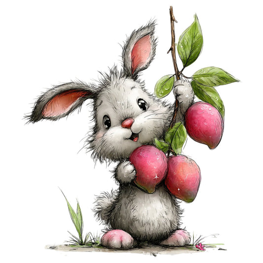 cute bunny, rabbit, spring, woodland animals, nature, whimsical, children's, baby, strawberries, red fruits, pink, white, cream, green leaves, charming, playful, illustration, storybook, nursery, animal characters, berry picking, garden theme, soft colors, innocent, sweet, cheerful, pastoral, springtime, kids fabric, decorative panel