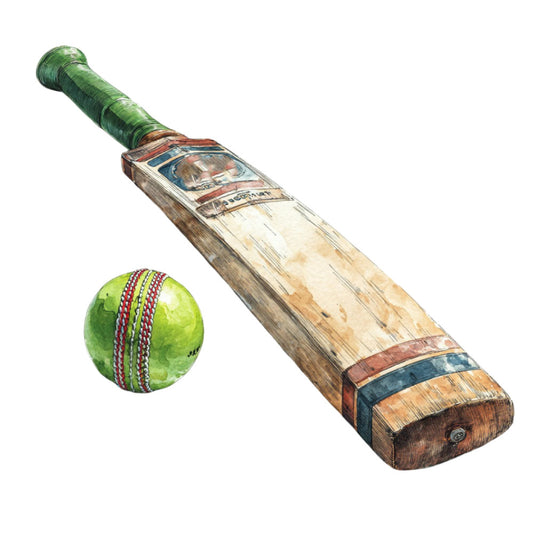 cricket bat, cricket ball, sports, green, red, blue, cream, tan, brown, vintage, traditional, themed, sporting equipment, recreational, athletic, british, heritage, classic, decorative, novelty, game, leisure, striped cricket ball, wrapped ball, wooden bat, hand-painted, illustrated, boys, men, sports enthusiast