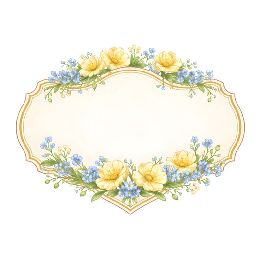 yellow flowers, blue flowers, floral frame, decorative border, gold trim, cream background, soft yellow, periwinkle blue, daisies, forget-me-nots, spring flowers, summer florals, vintage style, elegant design, romantic, garden flowers, botanical, nature theme, traditional, whimsical, ornate frame, green leaves, layered florals, soft colors, pastel palette, cottage style, classic, timeless design, decorative panel, statement piece