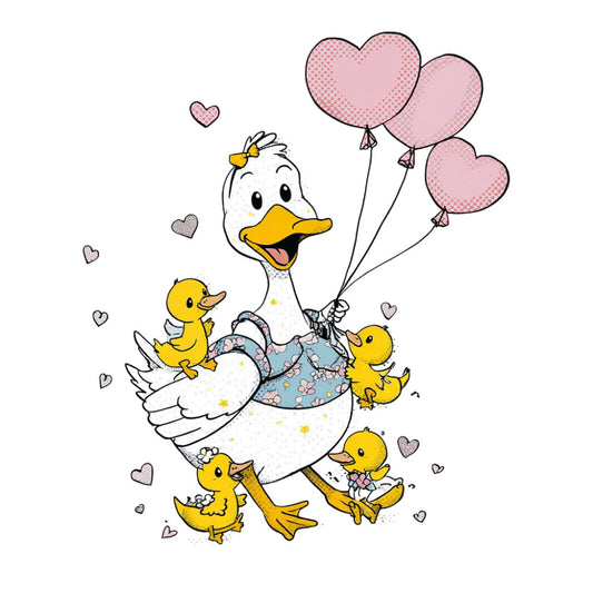 duck, duckling, baby duck, mother duck, heart, hearts, pink heart balloon, balloon, white duck, yellow duck, whimsical, cute, sweet, nursery, baby theme, spring, pastel pink, soft yellow, gold, blue floral, stars, love, tender, gentle, children's, playful, decorative panel, baby quilt, animal theme, farmyard