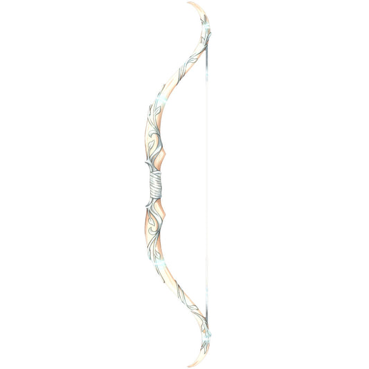 bow and arrow, archery, fantasy, medieval, elegant, ornamental, cream, beige, tan, gold, silver, gray, blue-gray, wrapped grip, feathered fletching, decorative, traditional, nature-inspired, woodland, adventure, mystical, whimsical, hand-drawn, detailed illustration, neutral tones, earth tones, renaissance, inspired, warrior, hunter