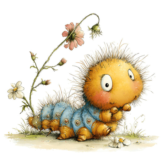 cute caterpillar, yellow, blue, coral pink, cream white, whimsical, children's, baby, nature, insects, flowers, daisies, spring, garden, animal characters, playful, illustration, storybook, nursery, soft colors, pastoral, charming, friendly, daisy flowers, sweet, decorative panel, wall hanging, bedding, kid's quilt, adorable creatures