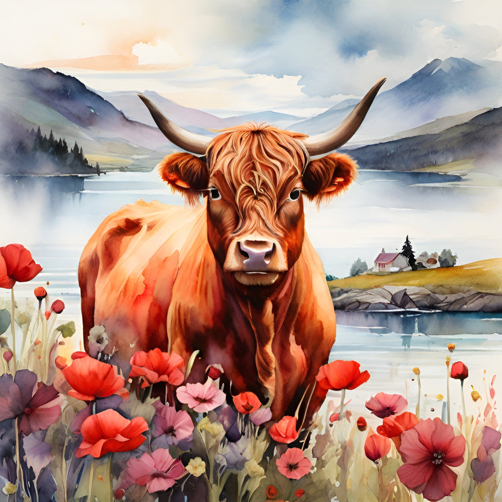 highland cattle, red cow, orange-brown, rust orange, cream, soft blue, purple mountains, landscape, wildflowers, poppies, red poppies, pink poppies, floral, botanical, nature, farmhouse, rustic, whimsical, pastoral, scenic, mountain lake, cottage, wildflower meadow, spring, summer, animal, livestock, countryside, peaceful, serene