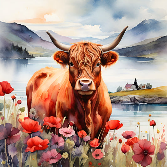 highland cattle, red cow, orange-brown, rust orange, cream, soft blue, purple mountains, landscape, wildflowers, poppies, red poppies, pink poppies, floral, botanical, nature, farmhouse, rustic, whimsical, pastoral, scenic, mountain lake, cottage, wildflower meadow, spring, summer, animal, livestock, countryside, peaceful, serene