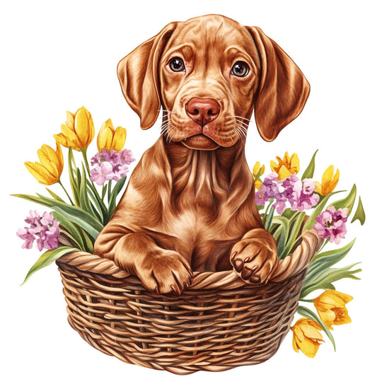 brown dog, golden brown, yellow tulips, purple flowers, pink flowers, spring flowers, dog portrait, puppy, retriever, wicker basket, floral, nature, animals, pets, whimsical, cute, springtime, easter, garden, botanical, warm tones, tan, cream, green stems, flower basket, dog lover, pet themed, charming, decorative panel, wall art