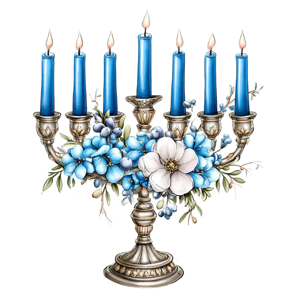 blue candles, white flowers, floral, brass candlestick, berries, botanical, elegant, vintage, traditional, blue and white, metallic accents, decorative, ornamental, spring, nature, romantic, classic, gold trim, delicate flowers, candlelight, memorial, tribute, sophisticated, timeless, religious, ceremonial, artistic illustration, hand-painted style