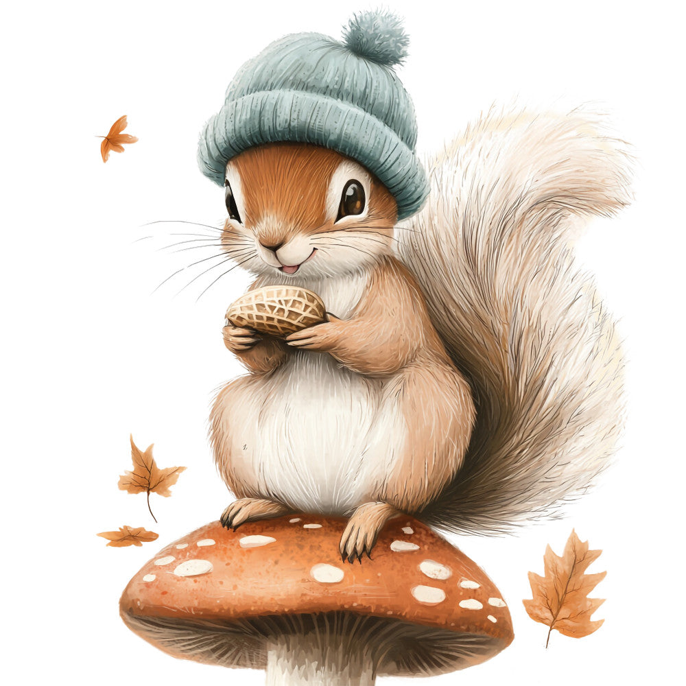 squirrel, autumn leaves, knit beanie, mushroom, orange, sage green, cream, watercolor style, woodland creature, whimsical, fabric panel, quilting cotton, fall season, acorn, cute animal, soft illustration, nature theme, children's fabric, nursery decor