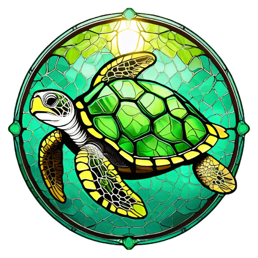 sea turtle, stained glass, turquoise, lime green, yellow, aqua, ocean, marine life, sea creatures, nature, wildlife, tropical, beach, coastal, geometric patterns, honeycomb, hexagon, bold outlines, whimsical, vibrant, colorful, summer, wall hanging, home decor, decorative panel, ocean animals, reptile, sea life, circular design