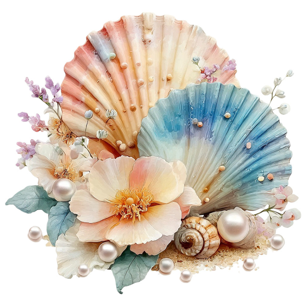 peachy pink, blush pink, coral pink, cream, ivory, soft blue, dusty blue, sage green, pearl white, gold accents, floral, botanical, seashell, scallop shell, peony, delicate flowers, pearls, beach themed, coastal, nautical, elegant, romantic, vintage, whimsical, spring, summer, nature inspired, feminine, soft pastels, decorative elements