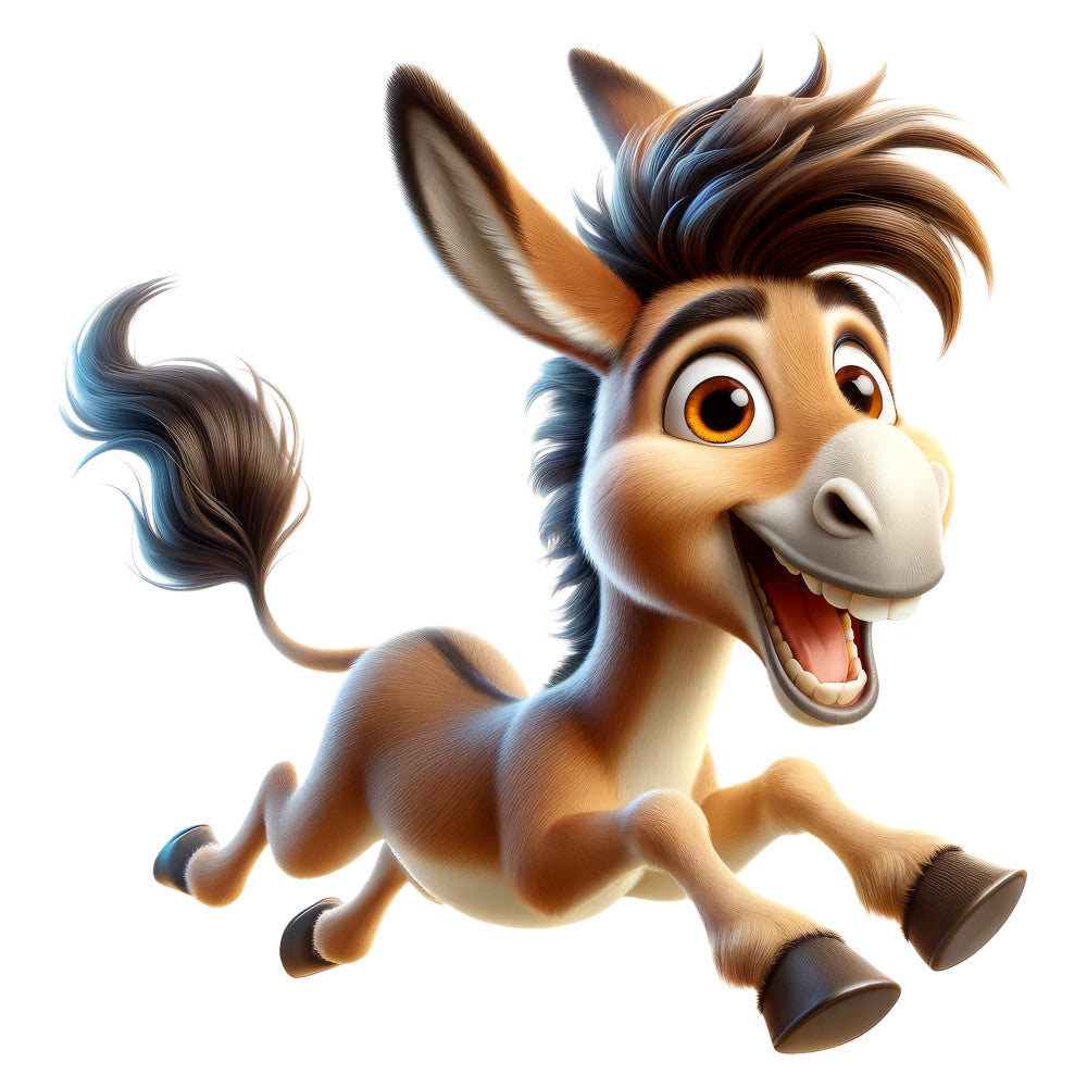 cartoon donkey, whimsical animals, children's fabric, brown and tan, cream colored, blue accents, playful characters, kids fabric, animated donkey, fun and cheerful, character fabric, children's quilt, nursery decor, baby fabric, cute animals, expressive face, colorful characters, animal print, playful style, family friendly, lively and energetic, character panel, illustrated animals, young children, toddler fabric, lighthearted, joyful expression, adventure theme