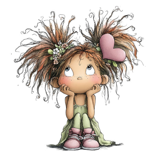 whimsical, girl, curly hair, brown hair, character, cute, sweet, heart, pink heart, flowers, floral, small flowers, green dress, pink shoes, nature, spring, children's, kids, playful, innocent, daydreaming, illustration, storybook, fantasy, whimsy, dusty rose, sage green, soft colors, charming, girl's room