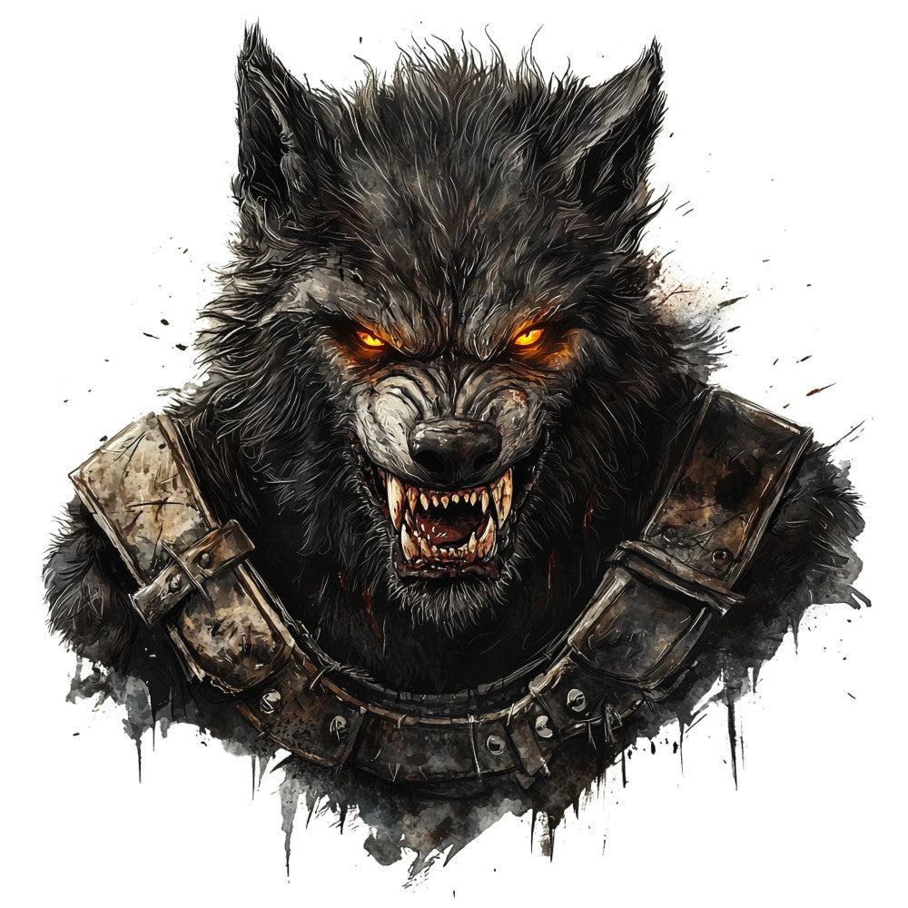 black wolf, glowing amber eyes, fierce expression, bared fangs, dark gray, charcoal, burnt orange, metallic bronze, studded armor, leather harness, fantasy creature, mythical beast, gothic style, dark fantasy, warrior, supernatural, intimidating, dramatic, intense, grunge texture, watercolor effect, warrior animal, game of thrones inspired, dark aesthetic, panel quilt, wall art, geek culture, fantasy gaming, adventure theme