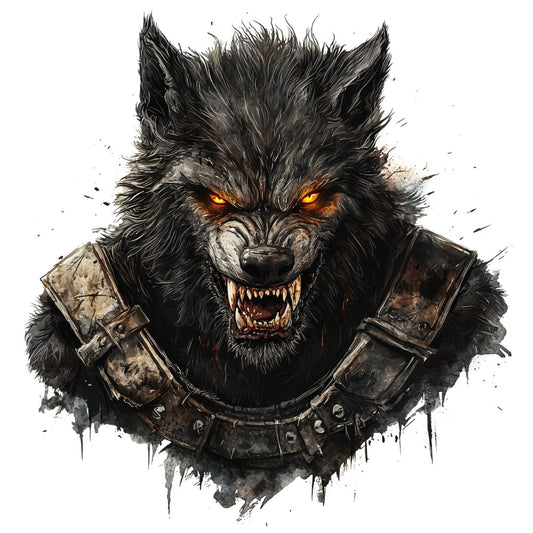 black wolf, glowing amber eyes, fierce expression, bared fangs, dark gray, charcoal, burnt orange, metallic bronze, studded armor, leather harness, fantasy creature, mythical beast, gothic style, dark fantasy, warrior, supernatural, intimidating, dramatic, intense, grunge texture, watercolor effect, warrior animal, game of thrones inspired, dark aesthetic, panel quilt, wall art, geek culture, fantasy gaming, adventure theme