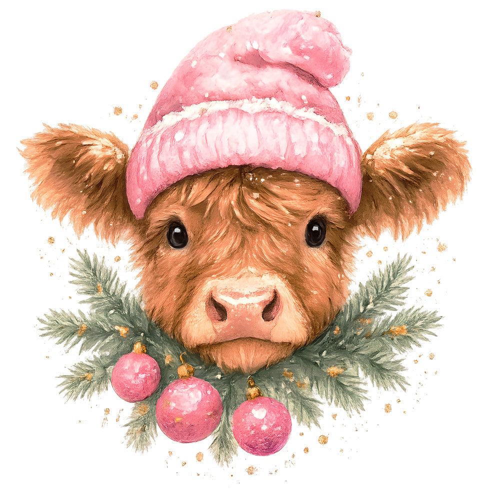 pink, coral, brown, watercolor, highland cow, winter hat, knit beanie, christmas ornaments, evergreen garland, pine branches, gold accents, snowflakes, fabric panel, quilting cotton, festive, holiday theme, farm animal, cute illustration, winter scene, christmas decor