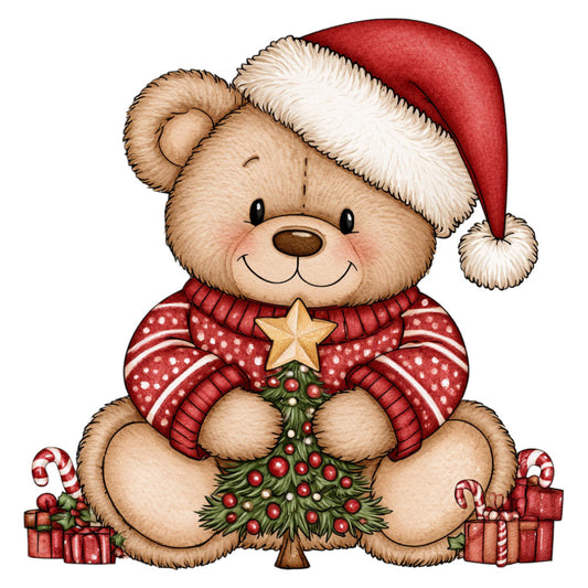 teddy bear, christmas, holiday, red, cream, tan, beige, gold star, green, festive, whimsical, cute, children's, baby, santa hat, sweater, christmas tree, candy cane, gift boxes, ornaments, winter, seasonal, traditional, cheerful, decorative, nursery, child-friendly, jolly, warm tones, festive design