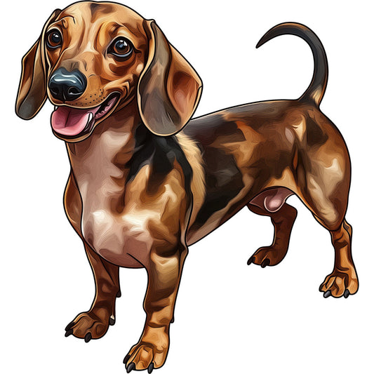 dachshund, dog, tan, brown, cream, white, black, animal, pet, puppy, portrait, realistic, whimsical, cute, playful, happy, tongue out, long-haired dog, wiener dog, children's, kids, nursery, baby, pet lovers, dog lovers, animal illustration, detailed, charming, friendly