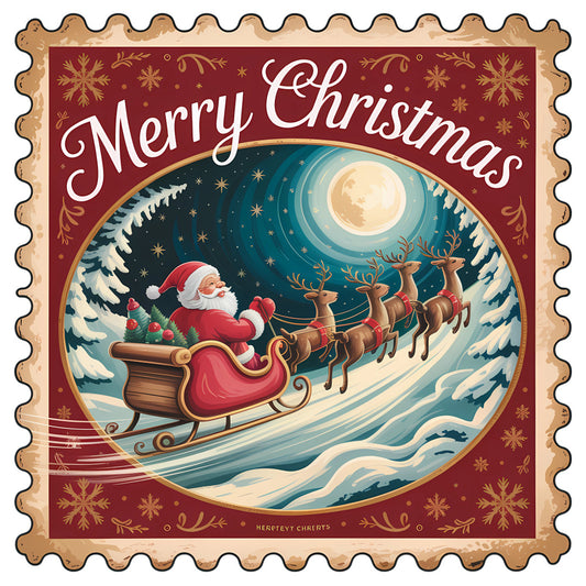 Vintage Christmas Stamps Fabric Panel 14 featuring Santa in sleigh with reindeer under moonlight on premium quilting cotton.