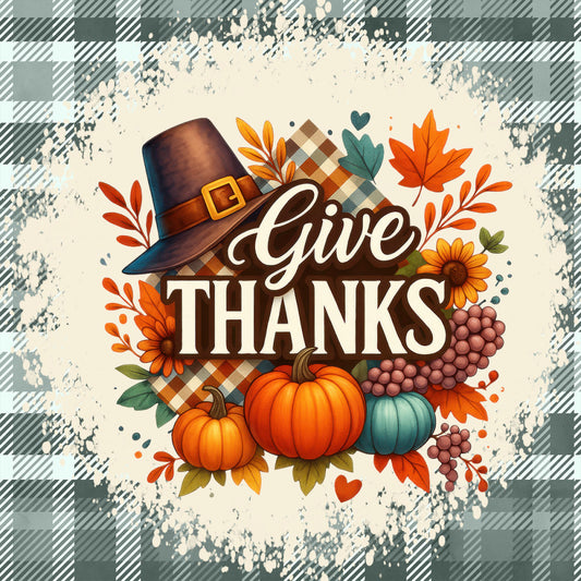 give thanks, thanksgiving, autumn, fall, harvest, pumpkin, sunflower, maple leaf, plaid, argyle, pilgrims hat, gratitude, orange, rust, cream, teal, brown, gold, floral, botanical, rustic, farmhouse, traditional, whimsical, grapes, heart, seasonal, holiday, decorative panel, wall hanging
